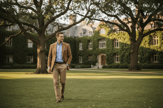 A man dressed in classic Ivy League menswear, featuring a tailored camel color blazer, light blue Oxford cloth button-down shirt, and khaki chinos, walking on a grassy collegiate campus.
