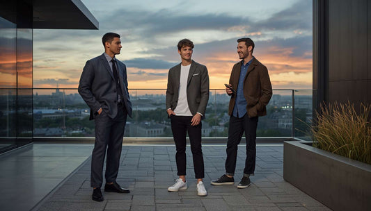 Three men in modern sack jackets stand on a contemporary glass balcony overlooking a city skyline at dusk