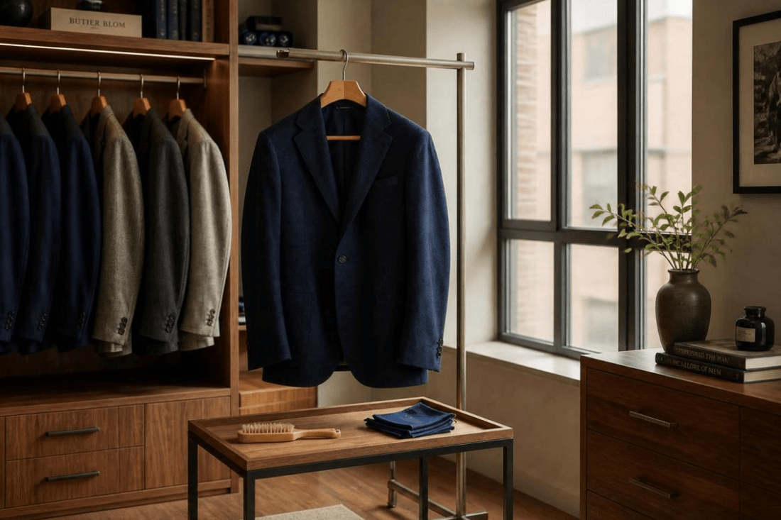 Garment care tools with suits, sport coats, and blazers on wooden hangers