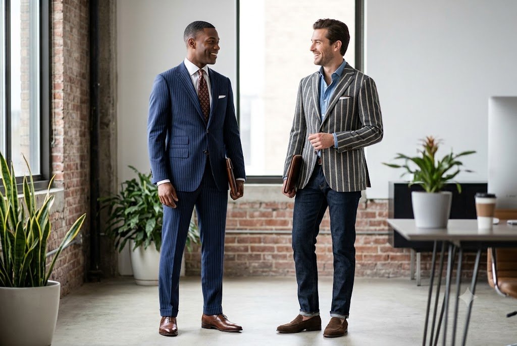 Two men in modern business casual attire discussing style inside a bright, brick-walled office; one wears a tailored navy pinstripe suit, while the other styles a bold grey-and-white striped sport coat over dark selvedge denim.