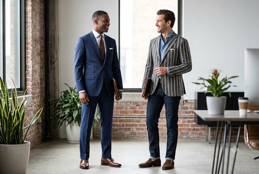 Two men in modern business casual attire discussing style inside a bright, brick-walled office; one wears a tailored navy pinstripe suit, while the other styles a bold grey-and-white striped sport coat over dark selvedge denim.