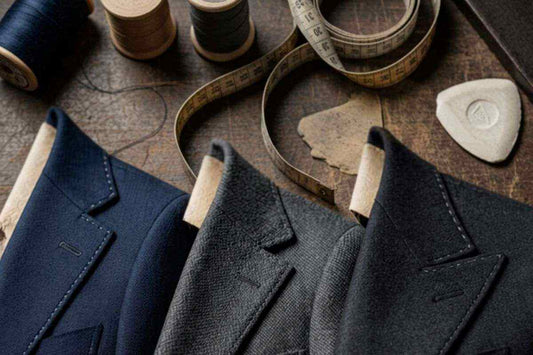 Three men's suit jackets displaying slim, regular, and wide lapel styles on a tailor's workbench with thread and measuring tape