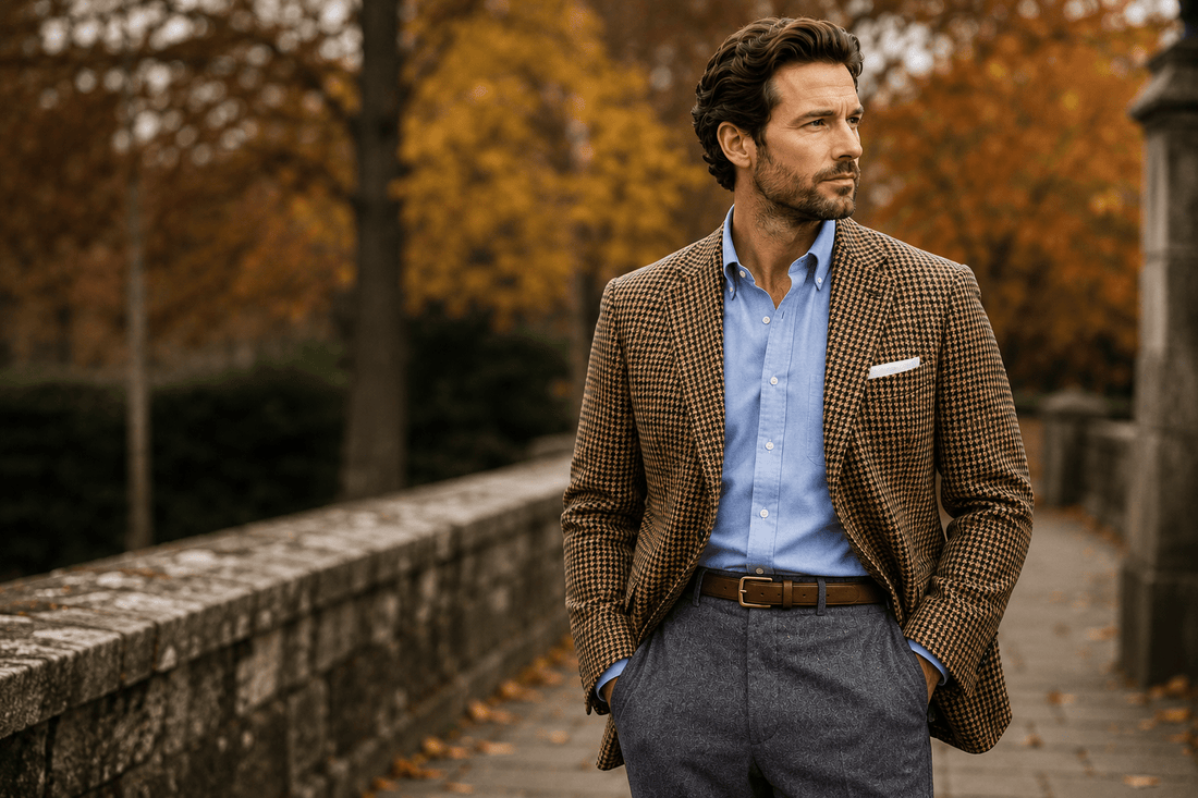 Man wearing a brown and tan gun club check sport coat with a light blue Oxford shirt and grey wool trousers during autumn.