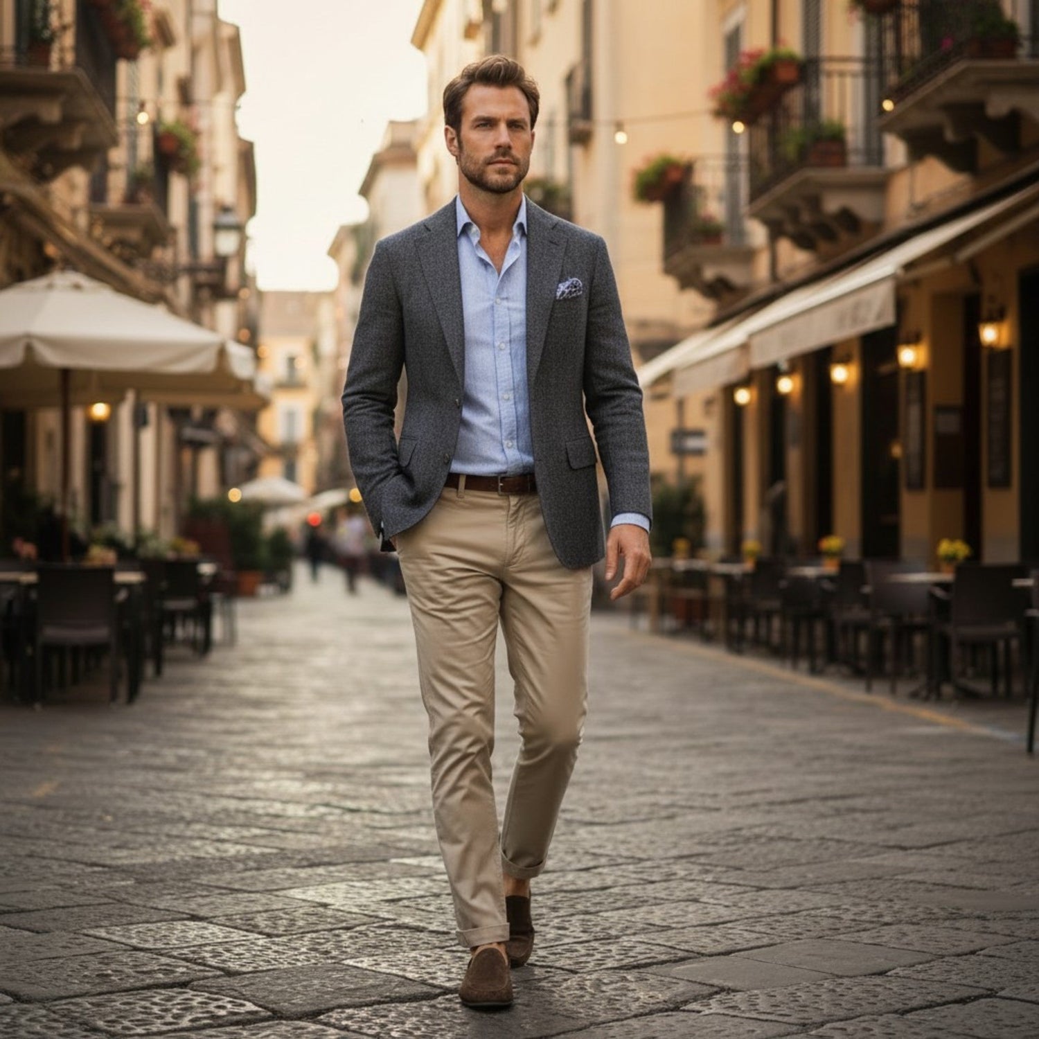 Gentleman wearing an Italian wool blazer and tailored trousers walking through a historic Naples street, representing classic Italian tailoring and soft tailored menswear style.