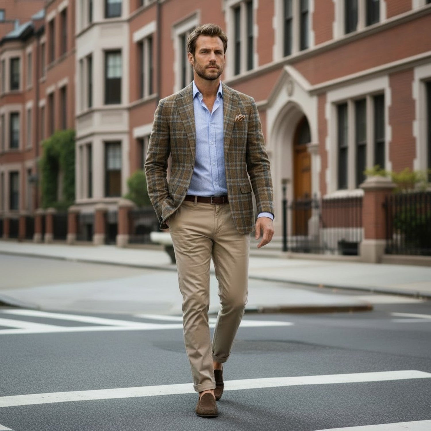 Bearded gentleman wearing a earthen-tone plaid sport coat, light blue oxford shirt, and khaki trousers while walking through a historic collegiate district.