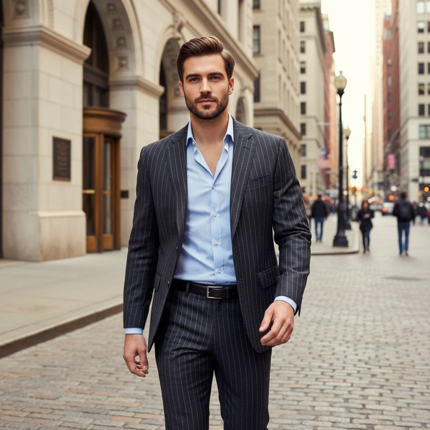 Gentleman wearing a charcoal pinstripe suit and light blue dress shirt walking through a historic financial district, representing classic pinstripe tailoring and Wall Street-inspired menswear.