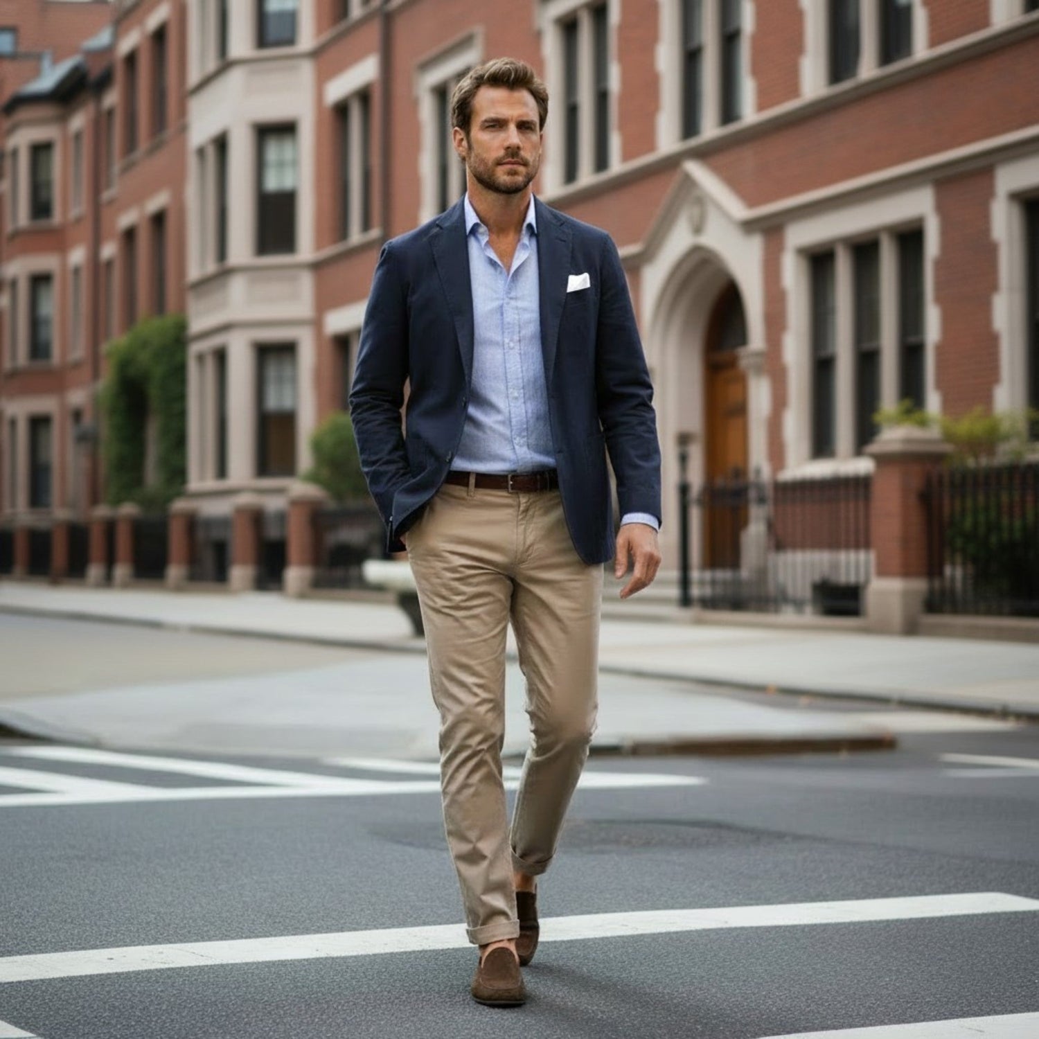 Man wearing a navy lightweight blazer and khaki trousers walking through a historic city district, reflecting the relaxed sophistication of summer tailoring and warm-weather menswear.