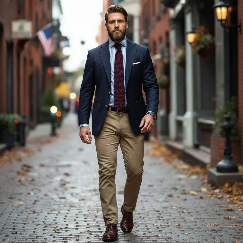 Bearded man in a navy blazer, striped dress shirt, tie, and khaki trousers walking through a historic American city street in classic Ivy-inspired menswear styling for the American Classics Shop collection.