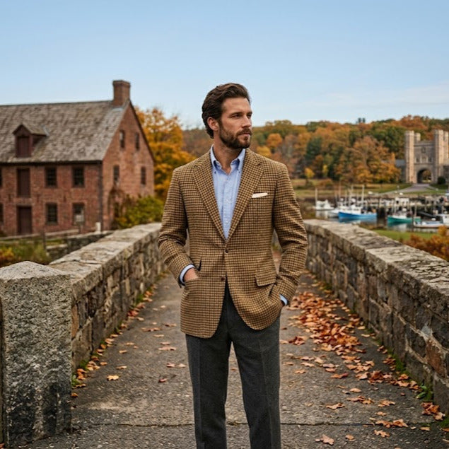 Bearded model wearing a tailored vintage men's gun club check jacket and blue button-down shirt on a stone bridge with a fall harbor background.