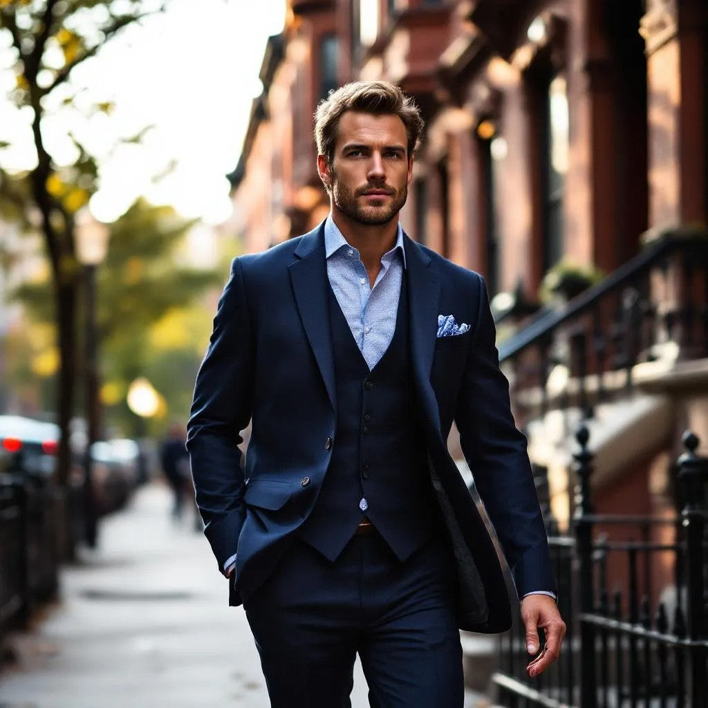 Bearded man wearing a modern navy tailored suit walking through a city street with contemporary menswear styling and soft natural tailoring.