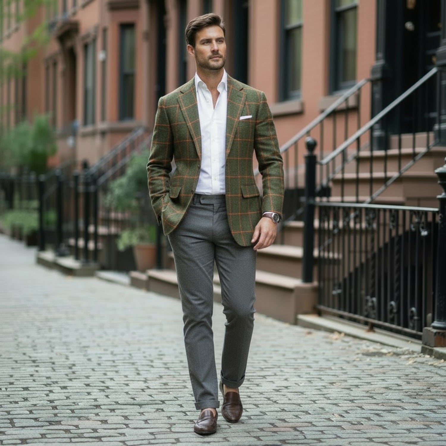 Gentleman wearing a green windowpane sack jacket, white Oxford shirt, gray flannel trousers, and brown loafers walking along a historic brownstone street in an Ivy-inspired menswear setting.