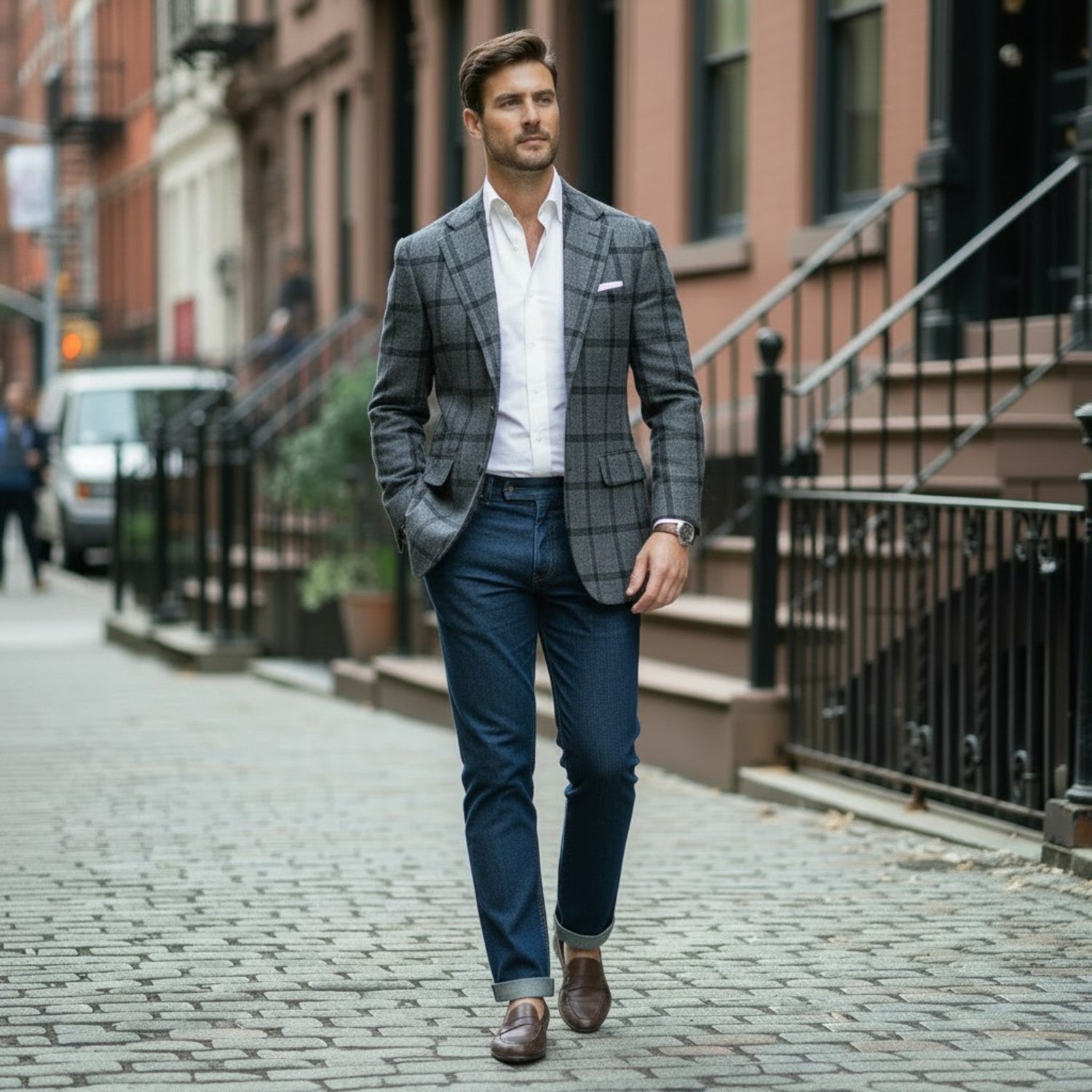 Vintage-inspired menswear featuring a gray windowpane plaid sport coat, dark denim jeans, and loafers styled on a brownstone-lined urban street.