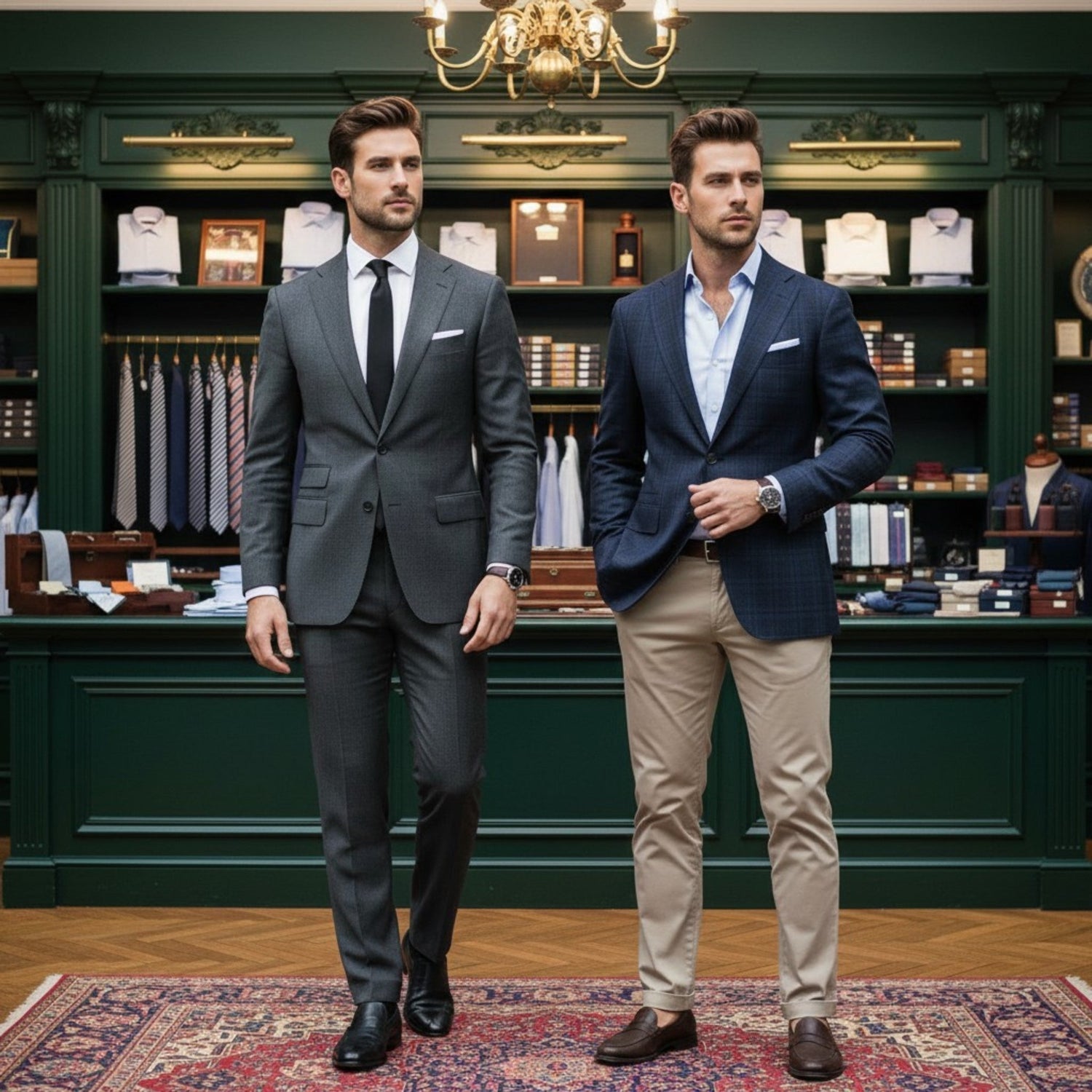 Two menswear models inside a traditional haberdashery wearing tailored suiting and sport coat separates, representing classic fit menswear and timeless tailoring.