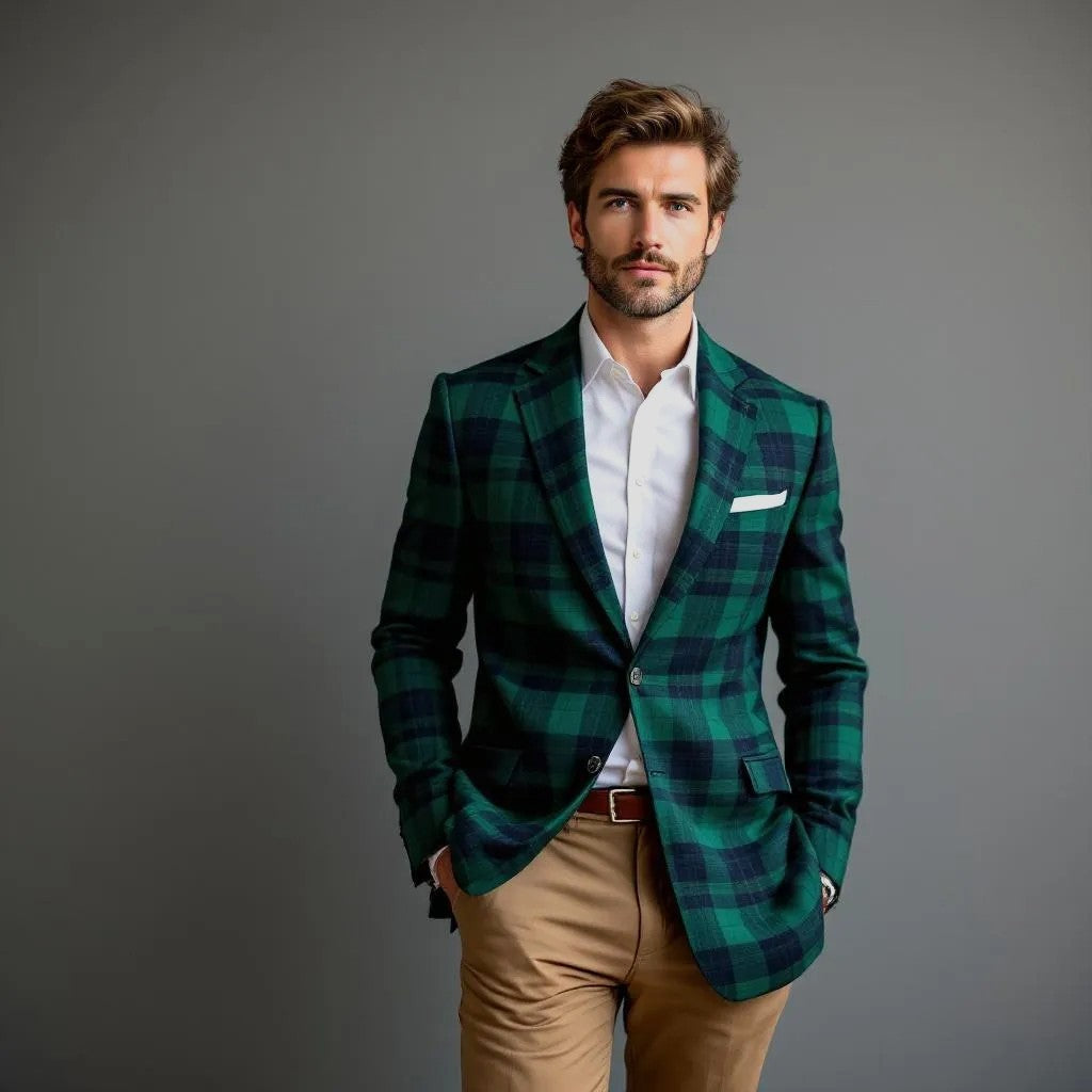 Collection image for the J.Crew Shop featuring a bearded gentleman wearing a green plaid sport coat, white dress shirt, and khaki trousers against a neutral gray background.