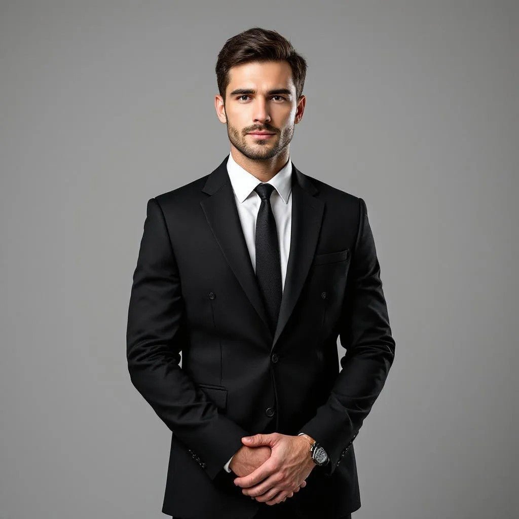 Bearded man wearing a modern black suit and tie against a minimalist gray studio background representing contemporary Banana Republic menswear style.