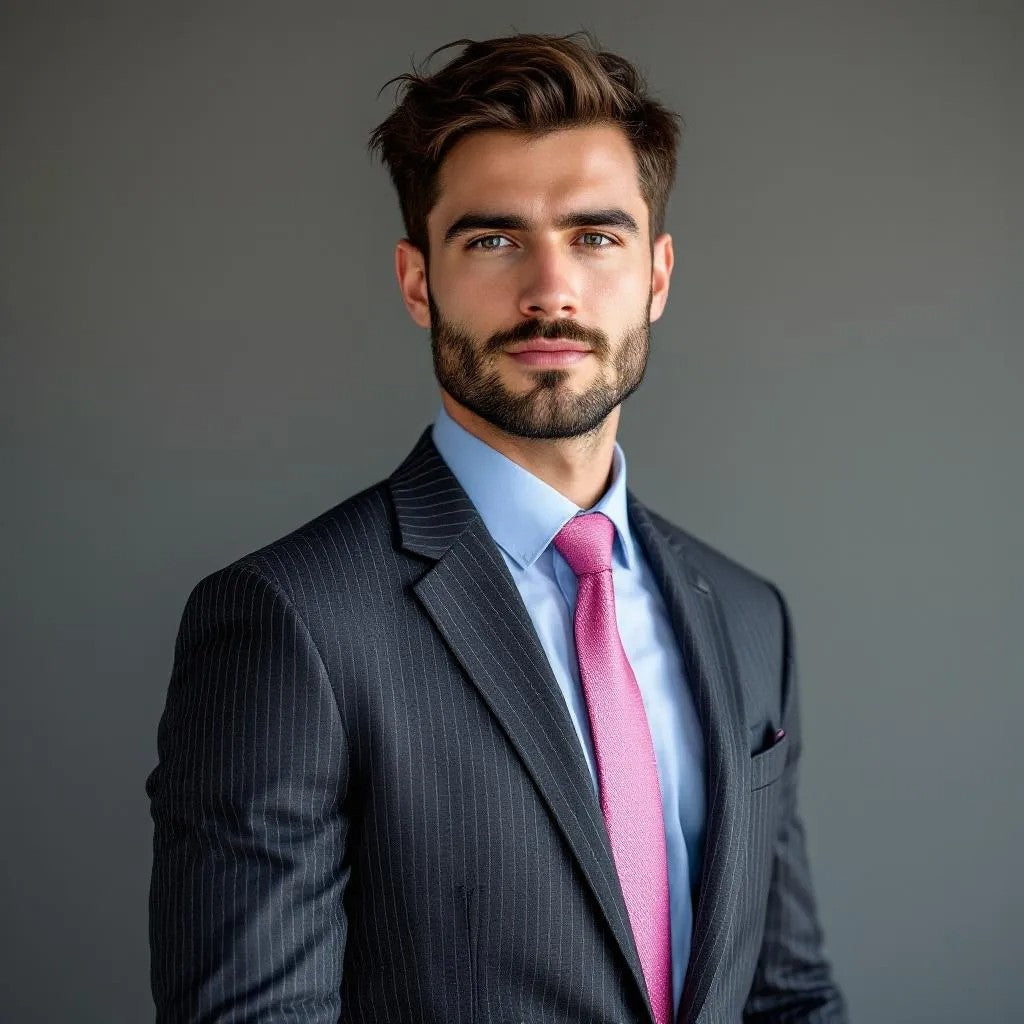 Bearded man wearing a classic charcoal pinstripe suit with pink tie styled in traditional Brooks Brothers inspired American menswear tailoring.