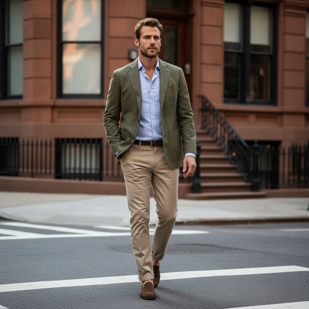 Bearded gentleman wearing an olive unstructured sport coat, light blue shirt, and khaki chinos while walking along a historic city street.