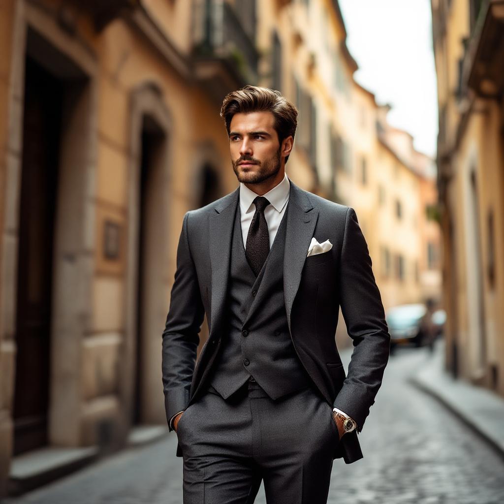 Bearded man wearing a charcoal European-style tailored suit walking through a narrow European city street with luxury menswear styling.