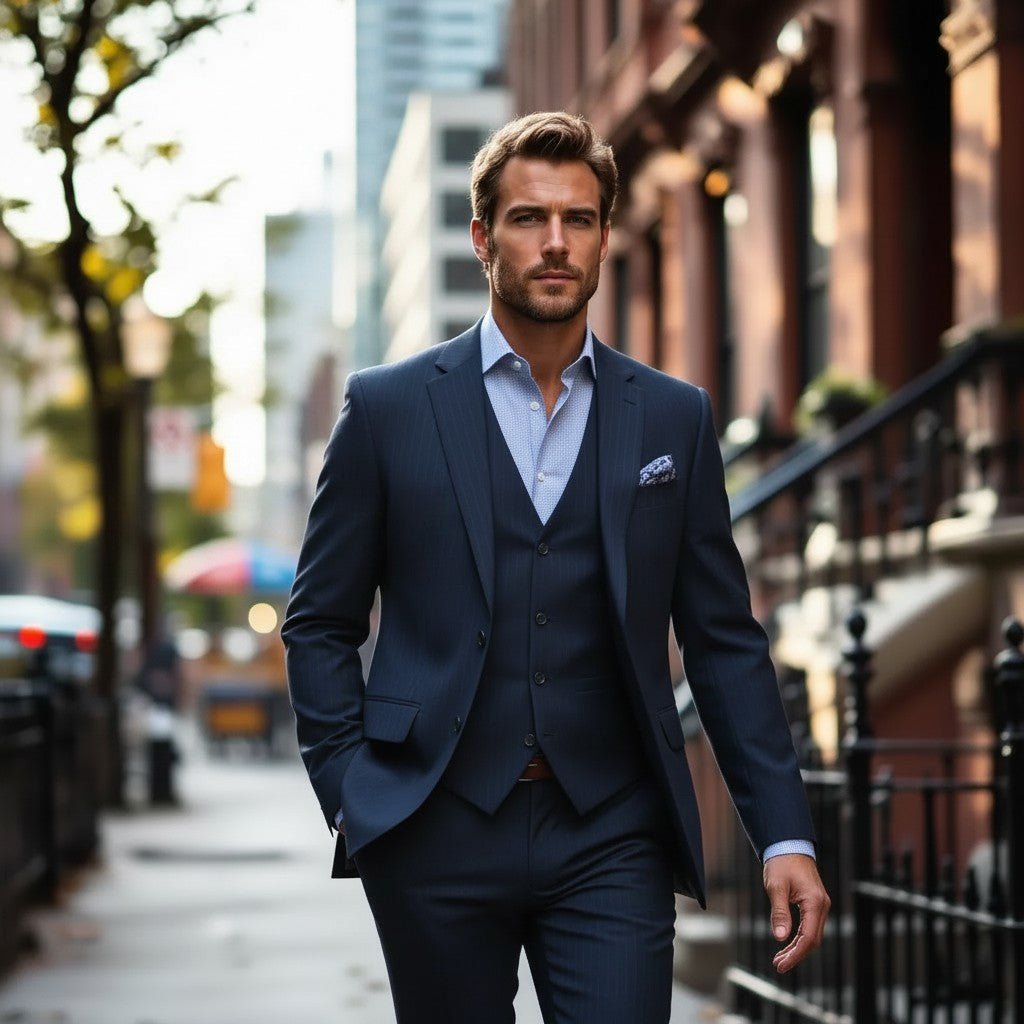Collection image for the Made in Canada Shop featuring a bearded gentleman wearing a navy three-piece suit and light blue dress shirt while walking along a city street lined with brick buildings.
