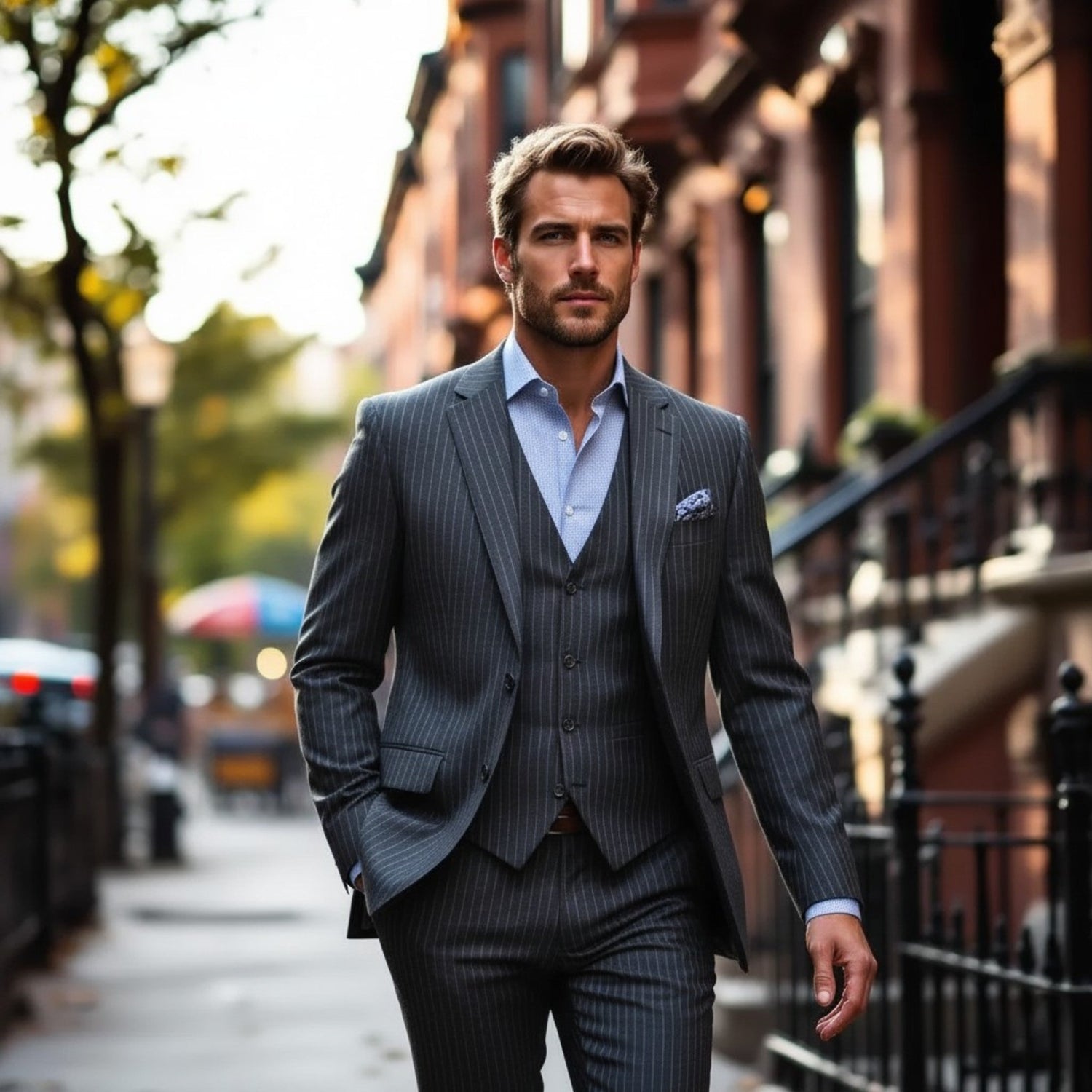 Collection image for the Made in USA Shop featuring a bearded gentleman wearing a gray pinstripe three-piece suit on a city street lined with classic brownstone buildings.