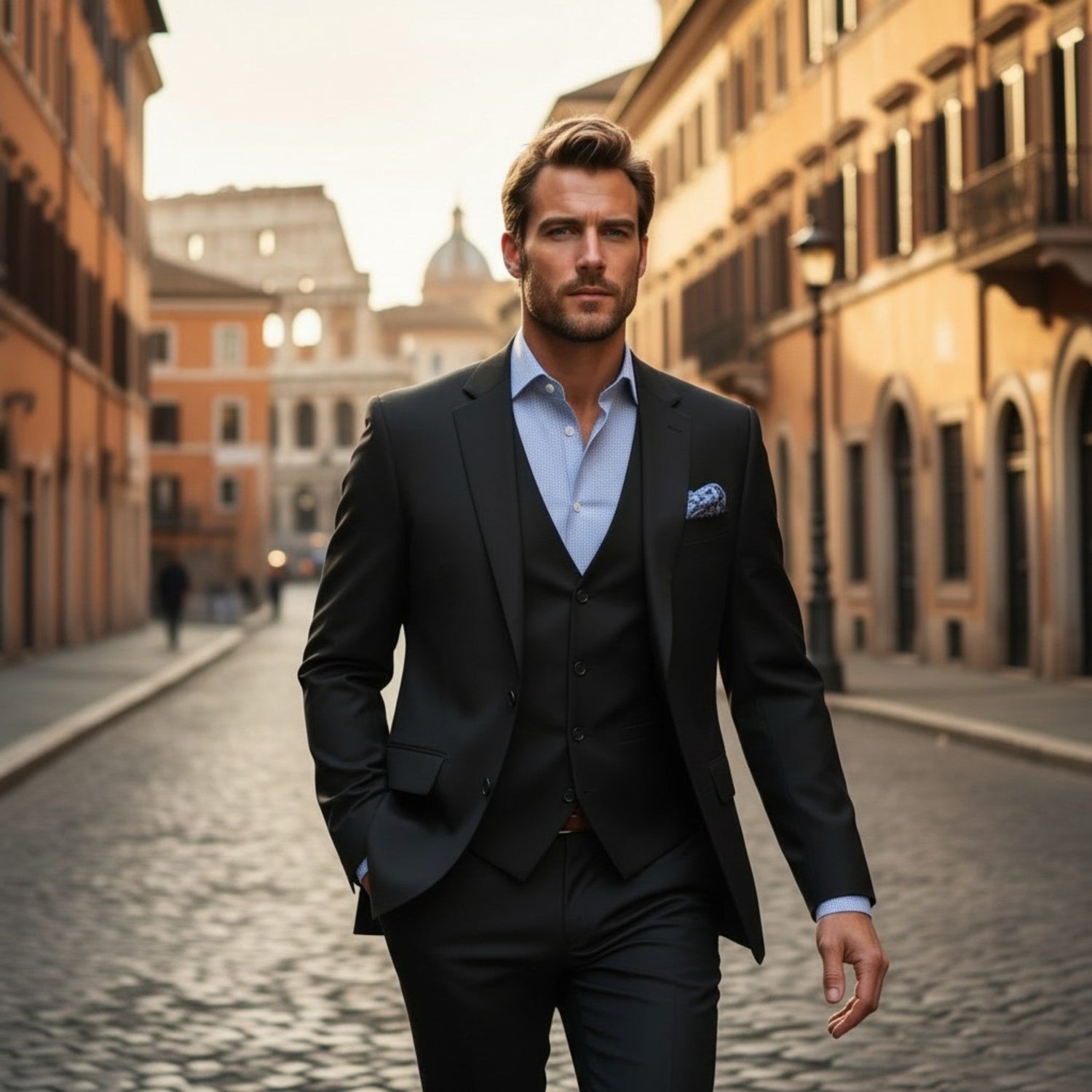 Collection image for the Made in Italy Shop featuring a bearded gentleman wearing a black three-piece suit and light blue dress shirt while walking along a cobblestone street lined with historic European architecture.