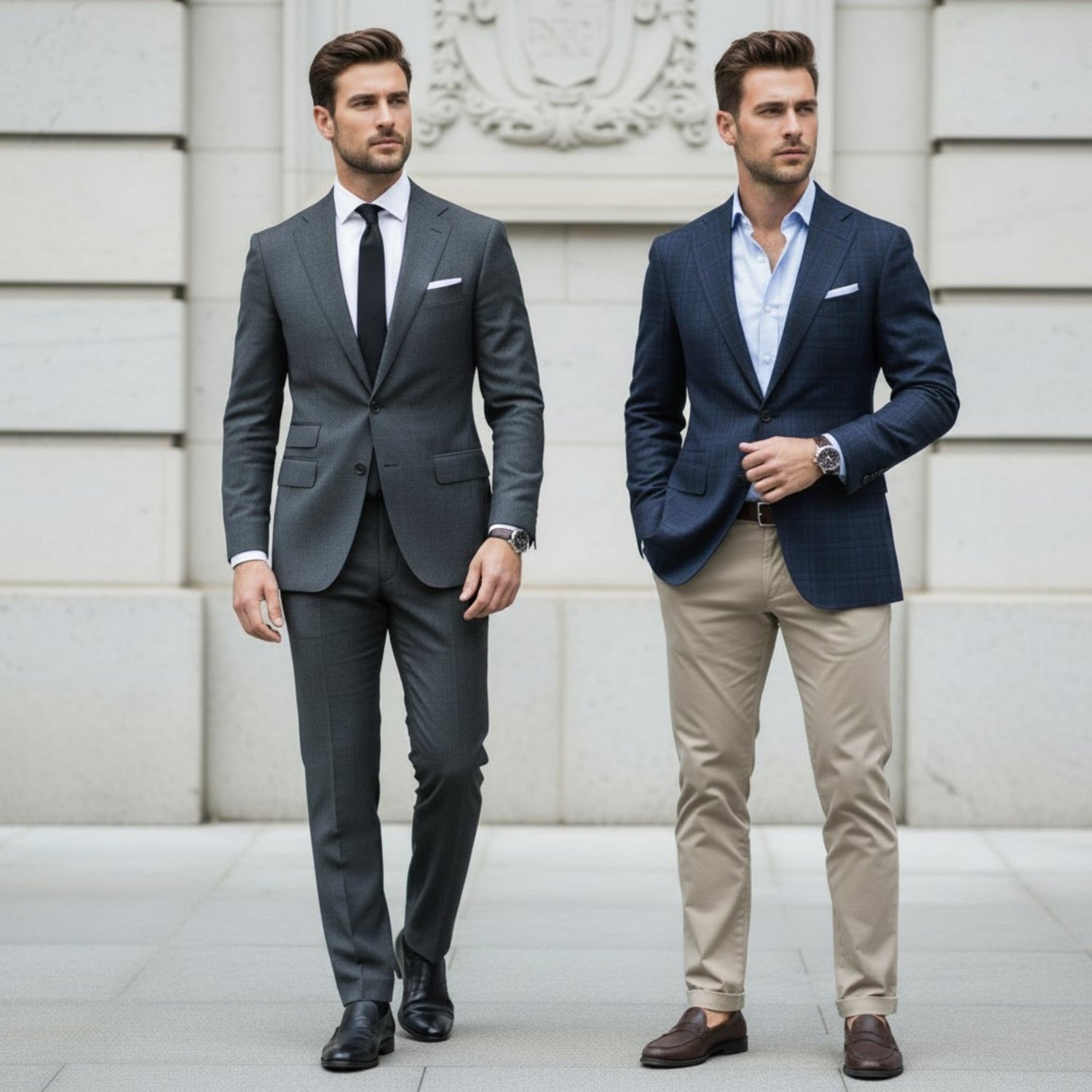 Curated men's size 34 menswear including tailored suits, sport coats, and classic separates.