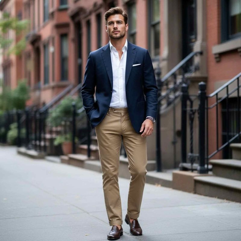Vintage and retro style secondhand menswear in navy blue sport coat, white oxford shirt, and khaki chinos featuring heritage brands like Brooks Brothers, J.Crew, and Banana Republic — shop by brand at Bearded Yankee