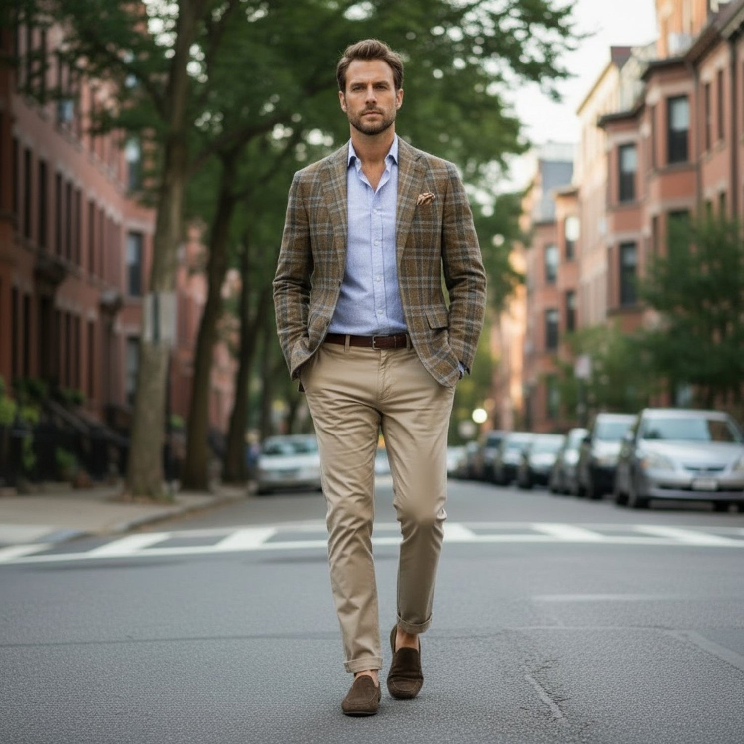 Man wearing an earthen-tone plaid sport coat, light blue shirt, khaki trousers, and suede loafers walking through a tree-lined city street representing The Blazer & Sport Coat Shop collection at Bearded Yankee.