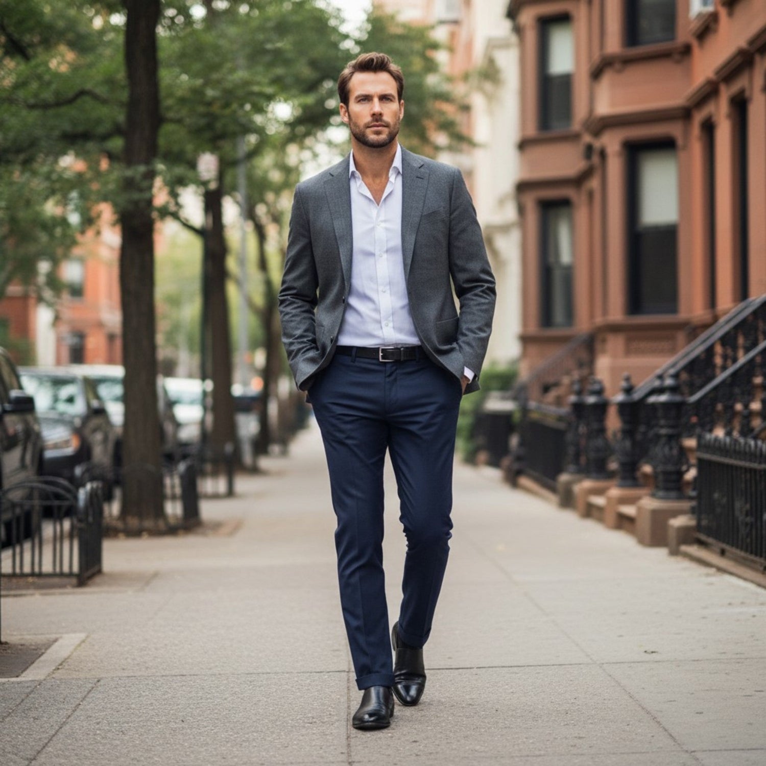 Well-dressed gentleman walking along a tree-lined brownstone street wearing a tailored gray sport coat, open-collar shirt, and navy trousers, representing the timeless menswear aesthetic of The Bearded Yankee Shop.
