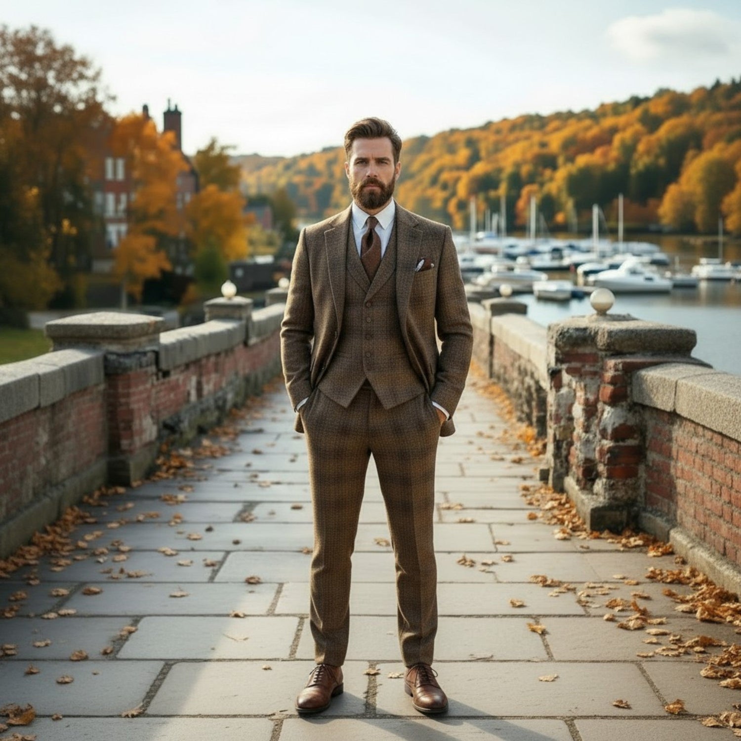 Front view of a man in a structured brown glen check three-piece suit, capturing the texture and drape of vintage-style patterned tailoring.