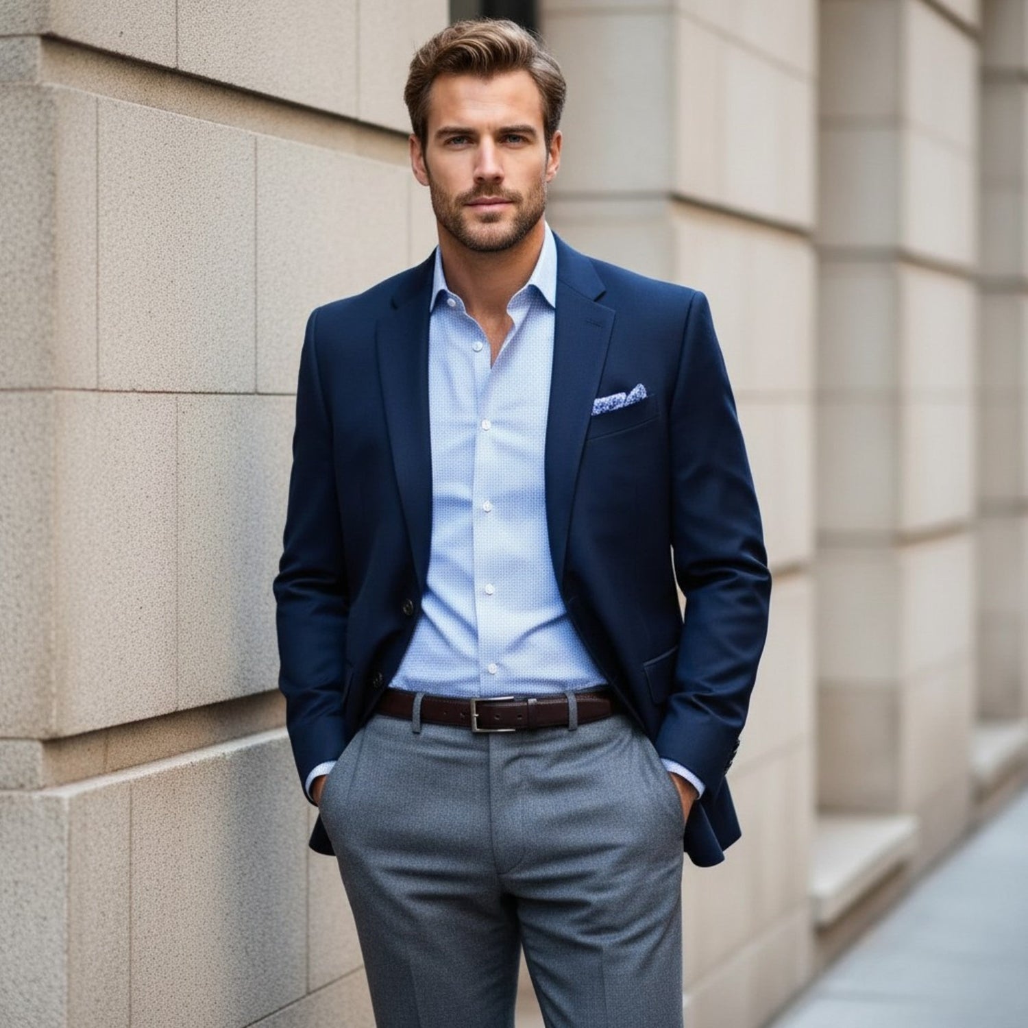 Modern gentleman wearing a navy blazer with grey wool trousers, illustrating versatile suit jackets and blazers for business casual and smart casual menswear.