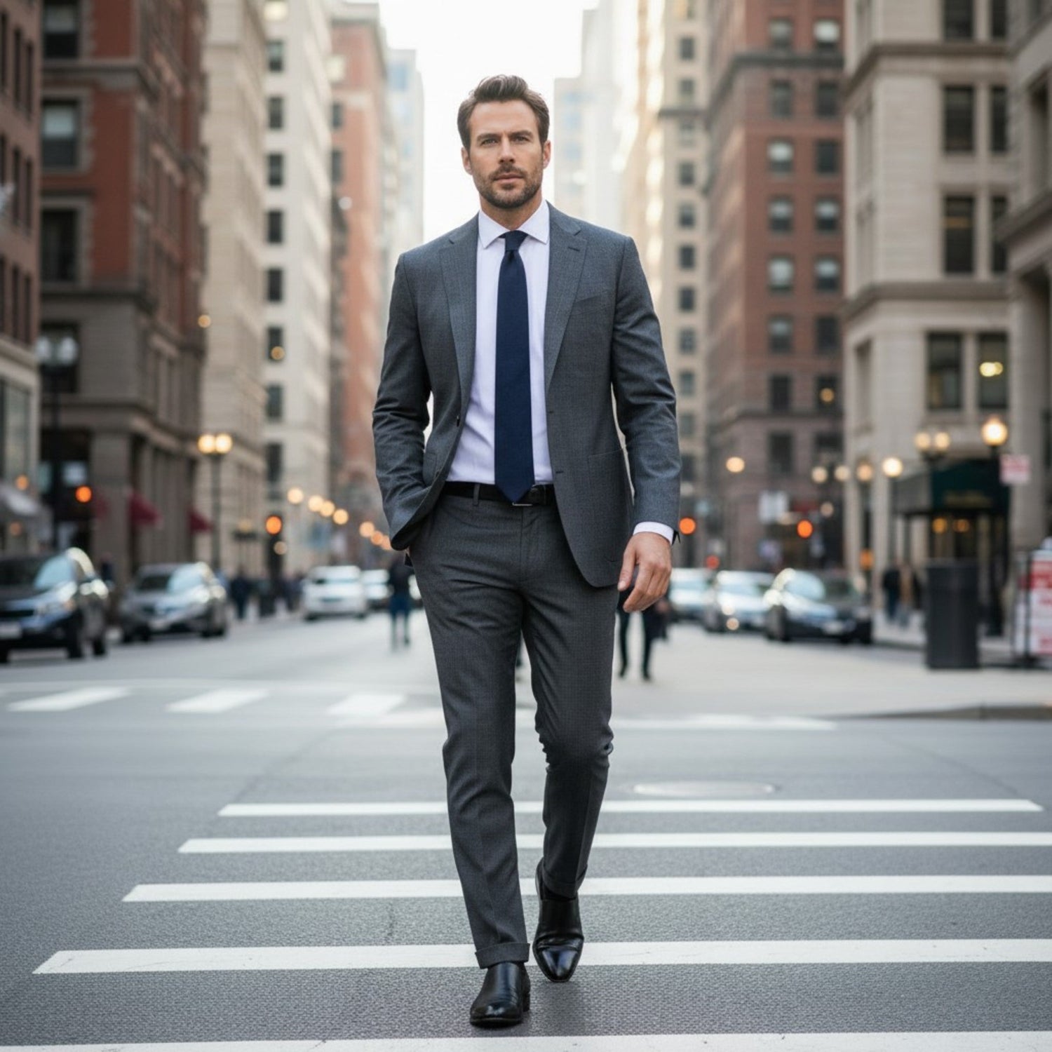 Man wearing a gray tailored suit and navy tie walking through a city street, representing vintage suits, secondhand menswear, classic business tailoring, and formal dressing.