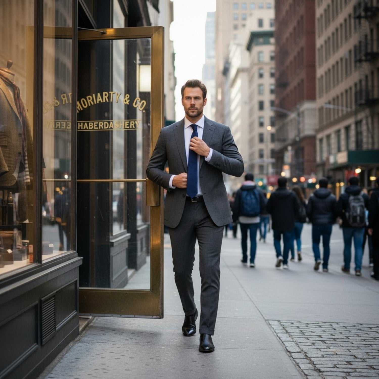 Bearded gentleman dressed in a tailored gray suit and navy tie exiting a traditional haberdashery storefront in the heart of the city.