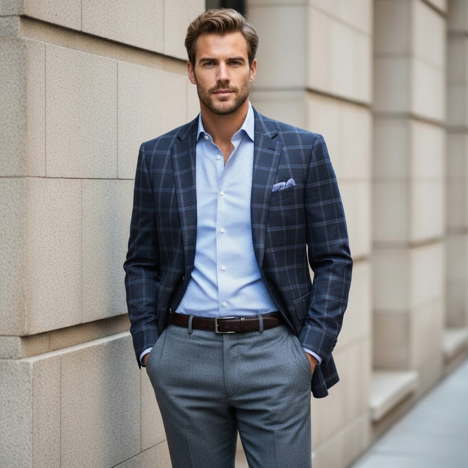Gentleman wearing an blue plaid sack jacket and gray trousers standing in a historic downtown business distric