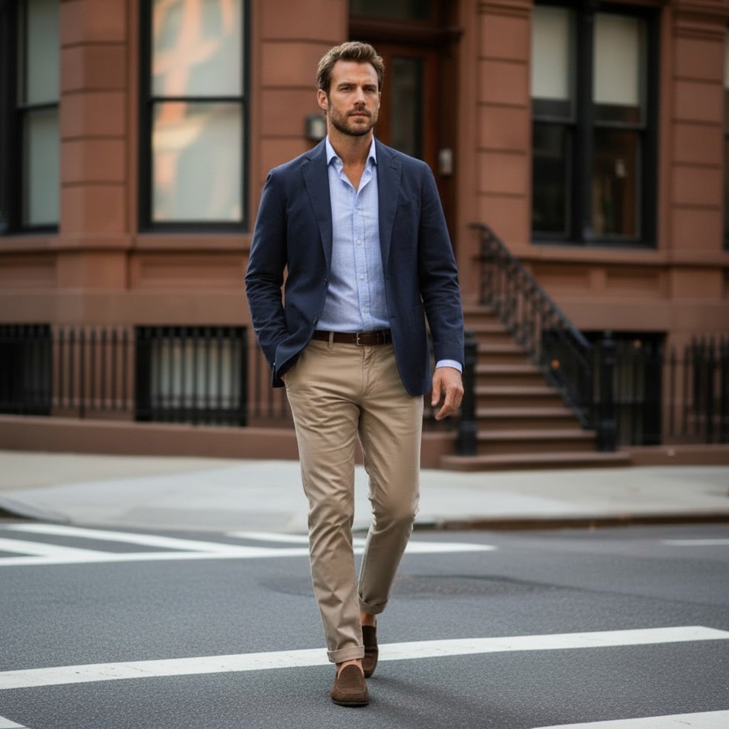 Bearded gentleman wearing a navy casual blazer, light blue shirt, and khaki chinos while walking through a historic city neighborhood.