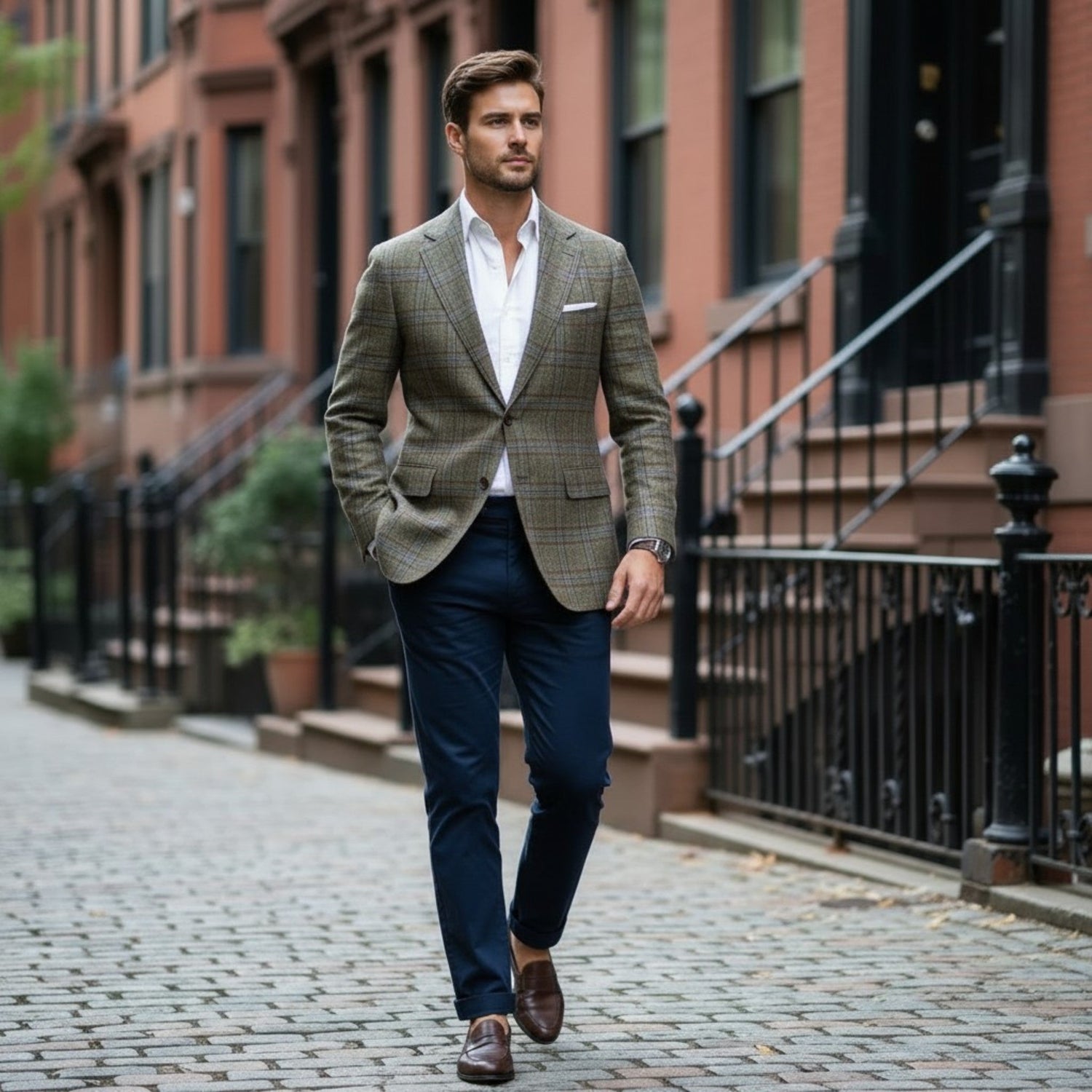 Vintage Ivy style menswear collection image featuring a Prince of Wales plaid sport coat, navy trousers, and classic loafers in a brownstone neighborhood setting.