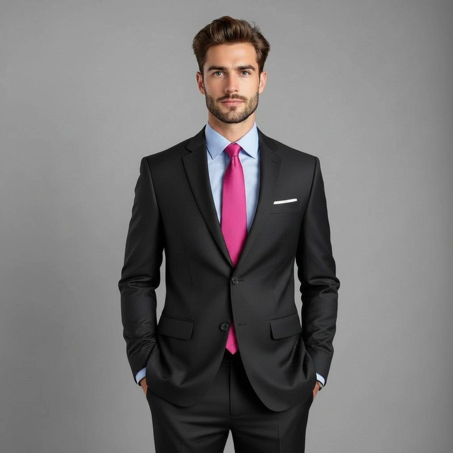 Collection image for the Tommy Hilfiger Shop featuring a bearded gentleman wearing a black suit, light blue dress shirt, and bright pink tie against a neutral gray studio background.