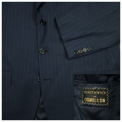 Close-up of navy blue rope stripe pattern and horn buttons on vintage 1990s Southwick wool sport coat 42R