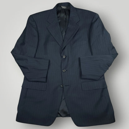 Vintage 1990s Southwick navy blue wool rope stripe sport coat 42R front view with wide notch lapel and 3-button closure