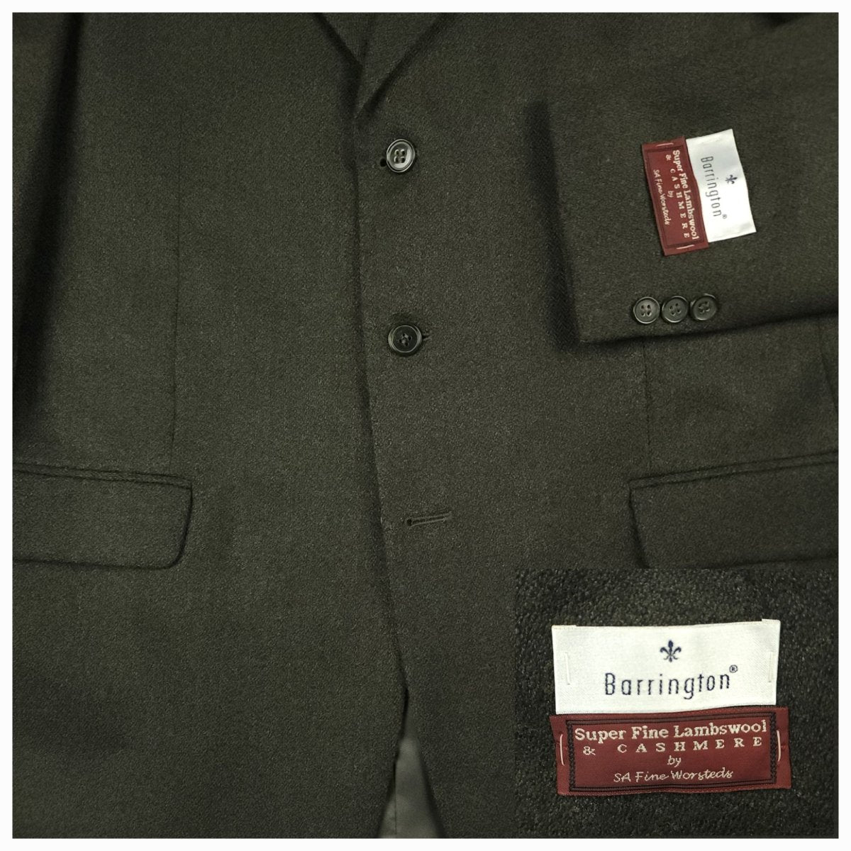Close-up of a dark olive green suit jacket showing the double-breasted button closure, a chest pocket with a cuff tab, and a visible Barrington Super Fine Lambwool & Cashmere label.