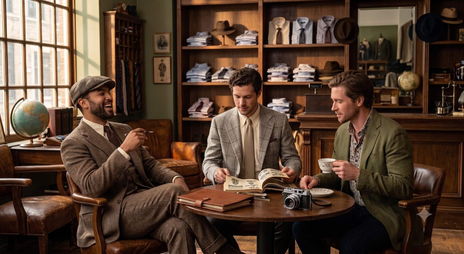 Three men in vintage suits sit around a table in a warm, wood-paneled room filled with clothing racks and shelves. One man wears a brown suit and flat cap, another wears a light gray suit with a tie, and the third wears a green blazer over a patterned shirt.