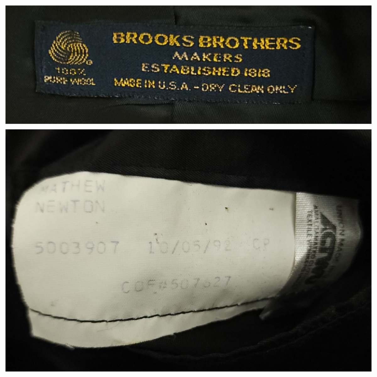 Brooks Brothers Makers label and size tag inside vintage ivy style sack jacket