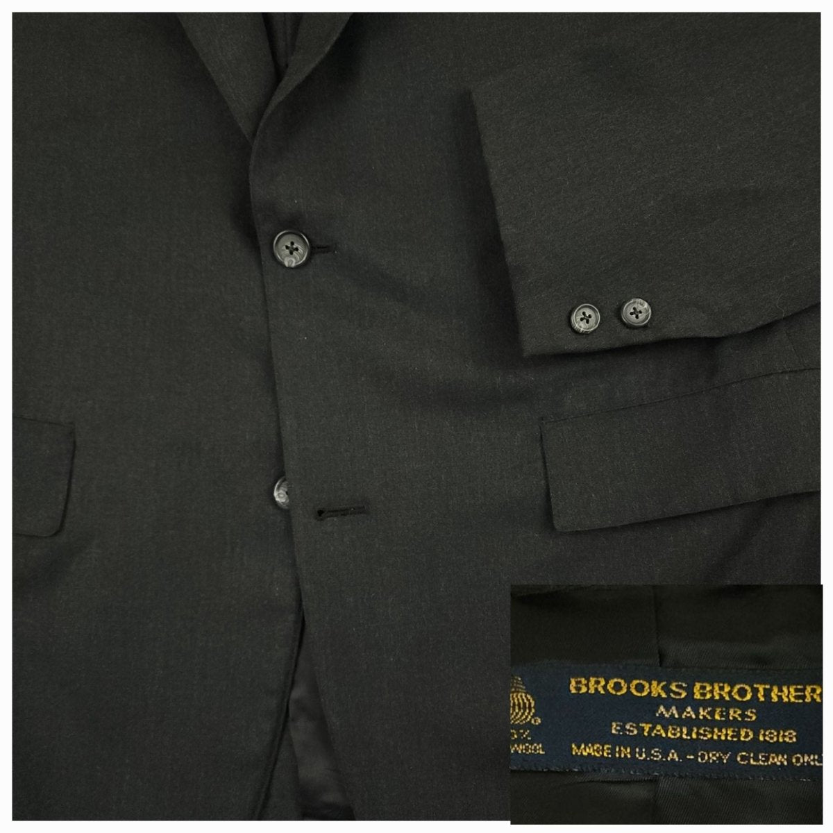 Close up of Brooks Brothers Makers sack jacket showing flap pocket and button detail