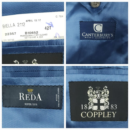 Coppley manufacturer label, Reda wool label, and garment identification tag.