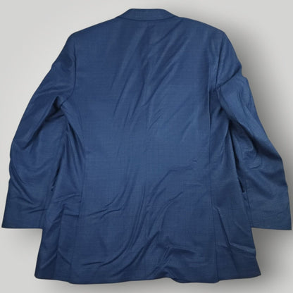 Rear view of Coppley blue hopsack sport coat showing classic tailoring and long length silhouette.