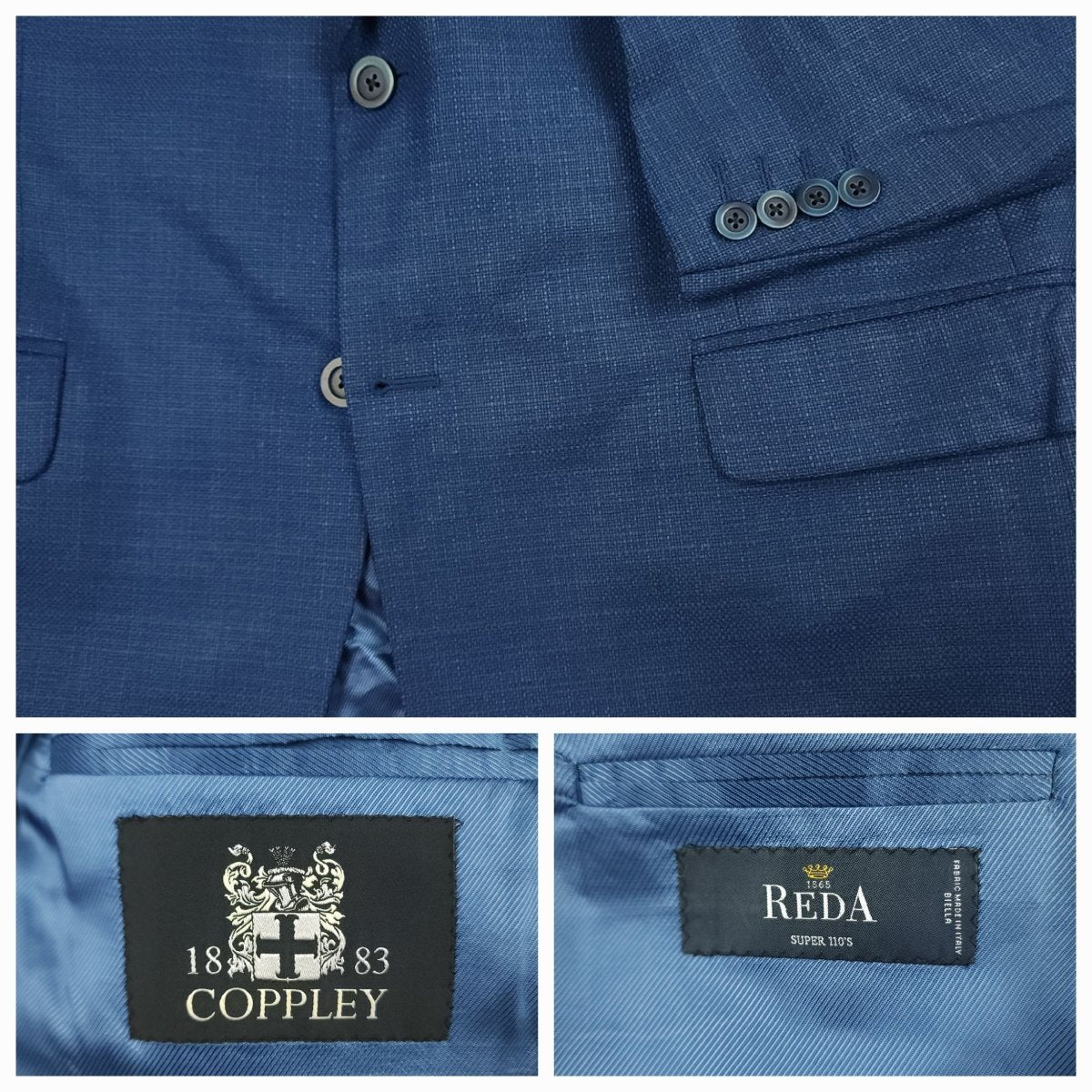 Close-up of Coppley blue hopsack sport coat crafted from Reda Super 110s Italian wool with notch lapel and flap pocket detail.