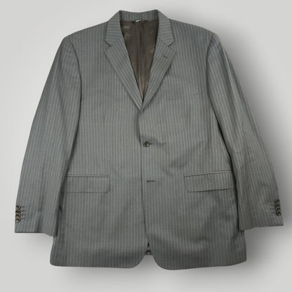 Rear view of gray pinstripe Traveller suit jacket