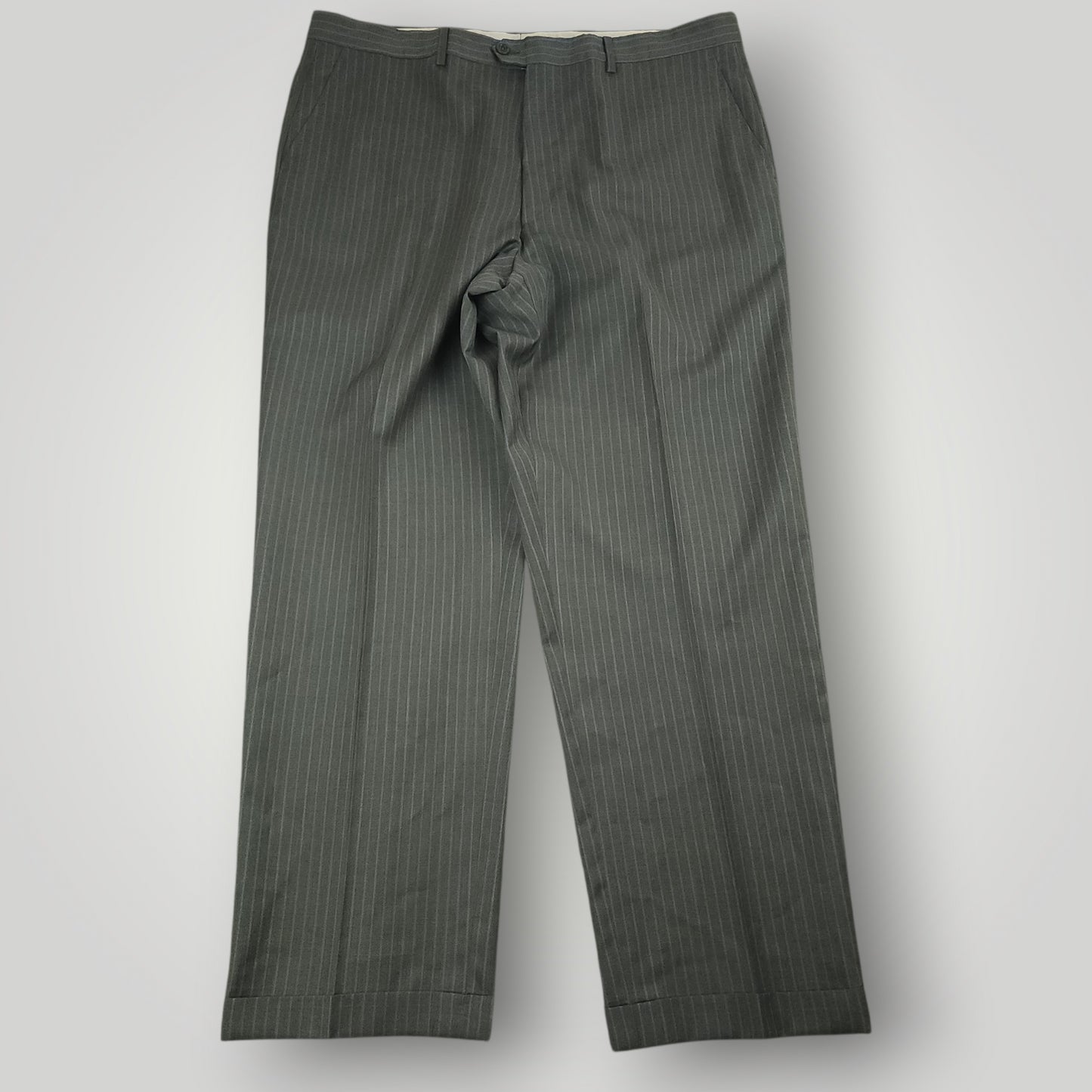 Front view of matching gray pinstripe suit trousers