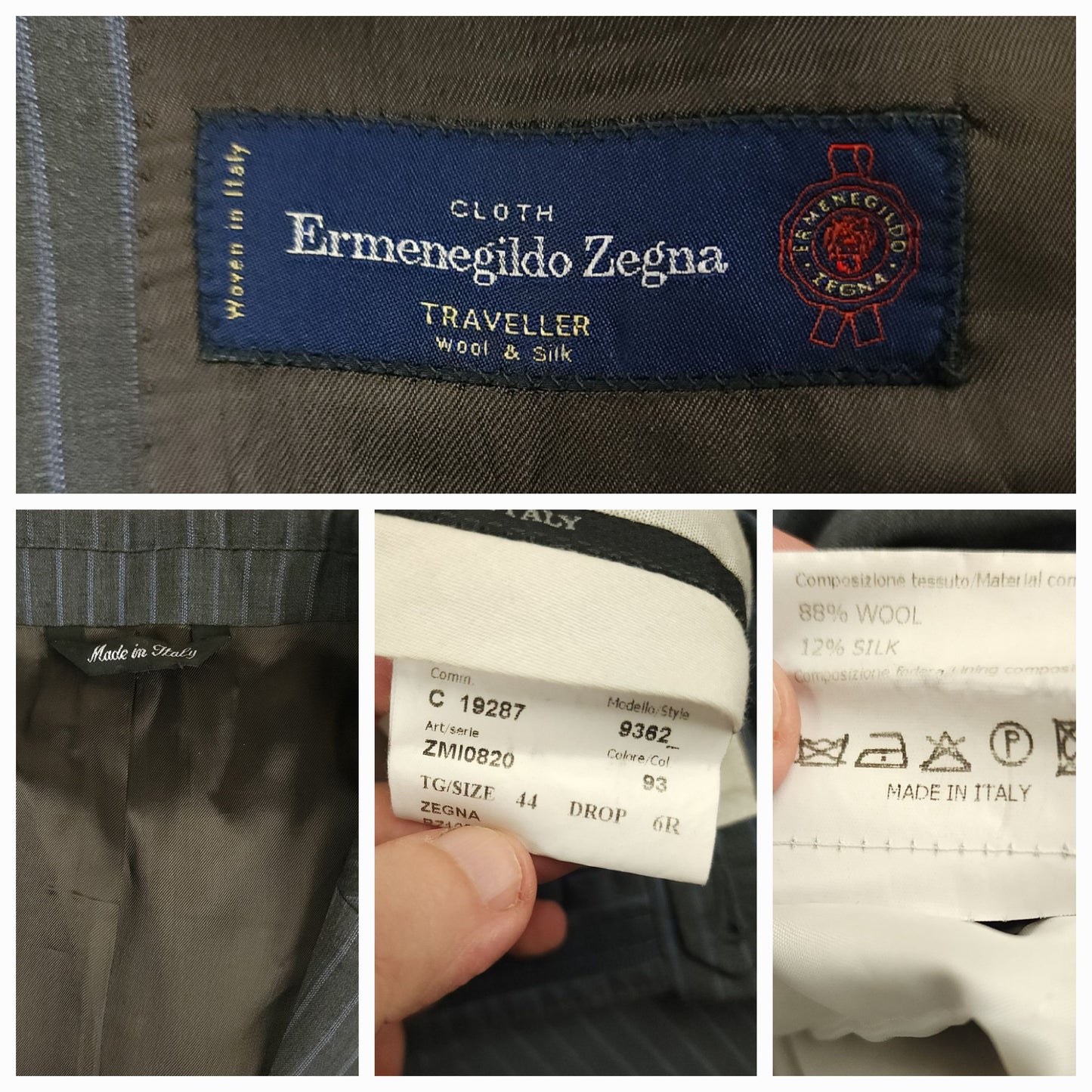 Ermenegildo Zegna Traveller label inside gray pinstripe suit jacket