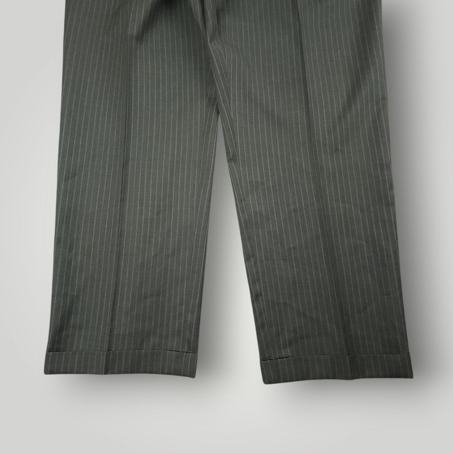 Full length view of matching gray pinstripe suit trousers